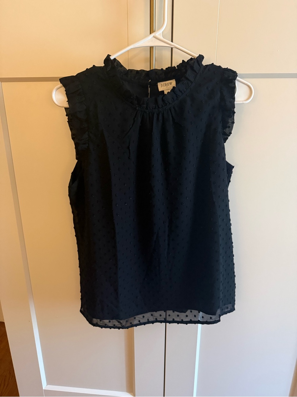 J. Crew black Swiss Dot Sleeveless Ruffle Neck Top